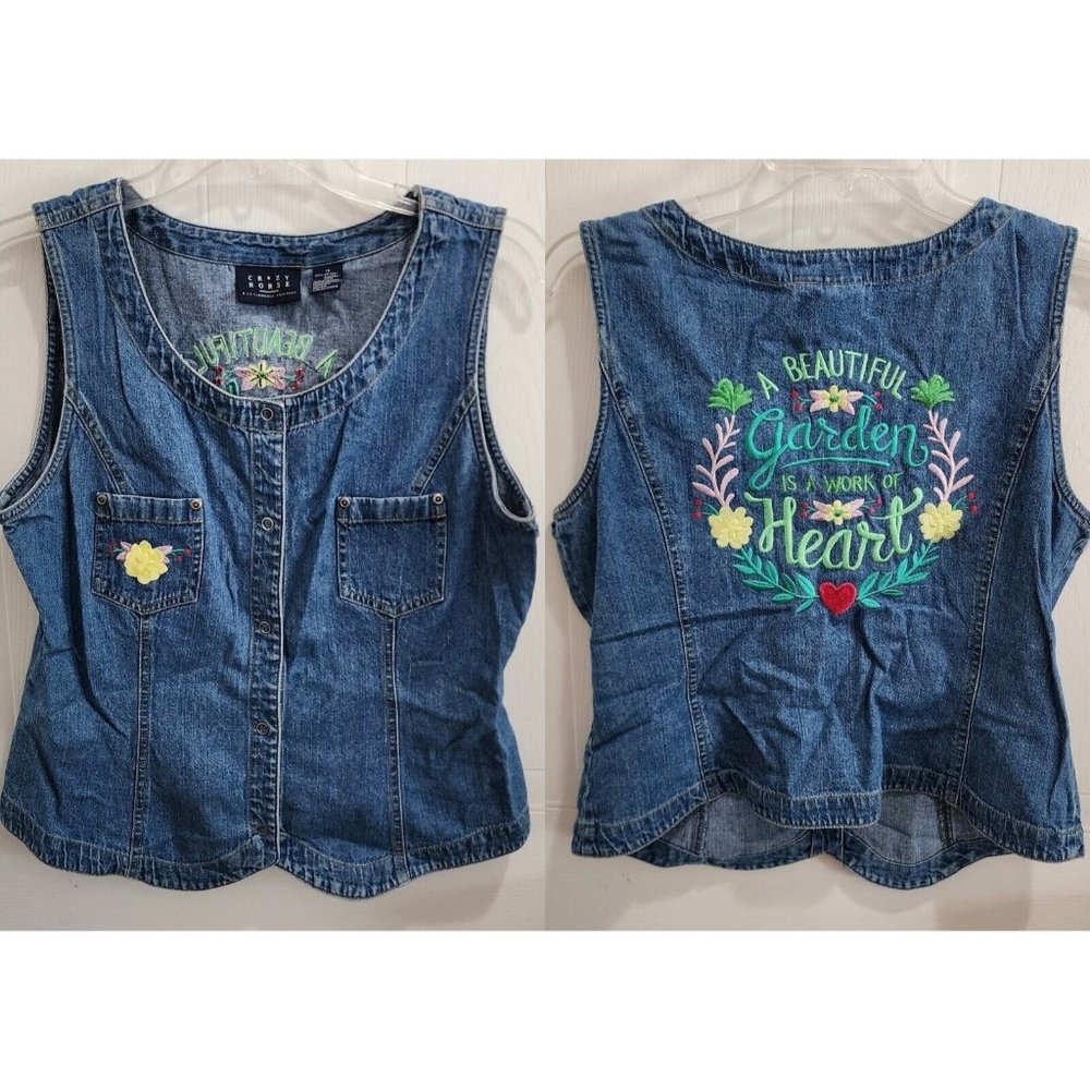 Crazy Horse Women's Personalized Denim‎ Vest Embroidered Garden Theme Size 12